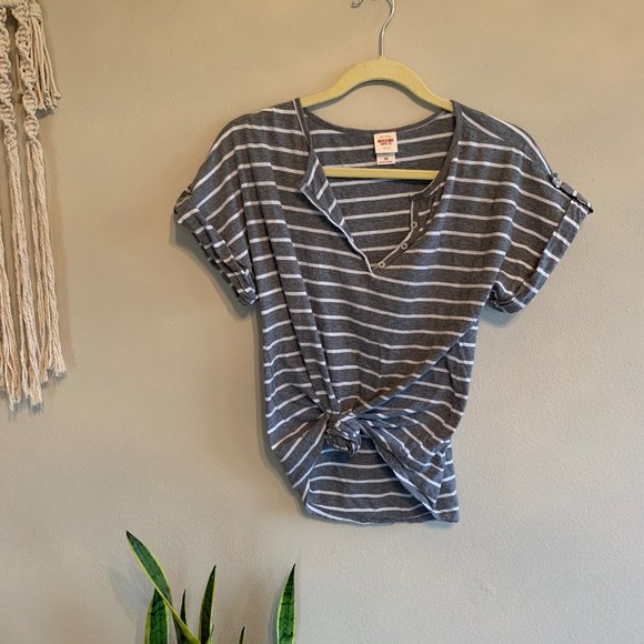 Gray and White Striped Button Box Tee - Picture 4 of 6